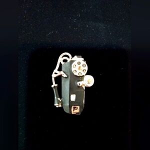 Telephone‎ Pay Phone Brooch Black Enamel and Silver Tone Metal Vintage